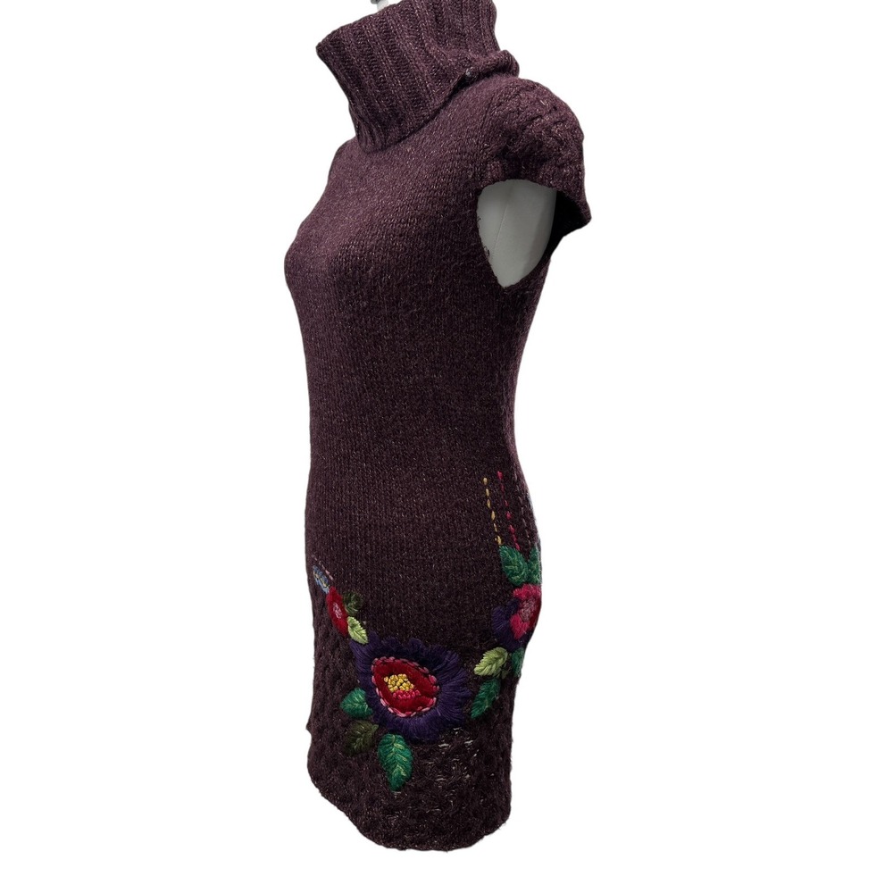 Desigual Turtleneck Sweater Dress Size M Embroidered Floral Burgundy retro Y2k - Picture 3 of 8